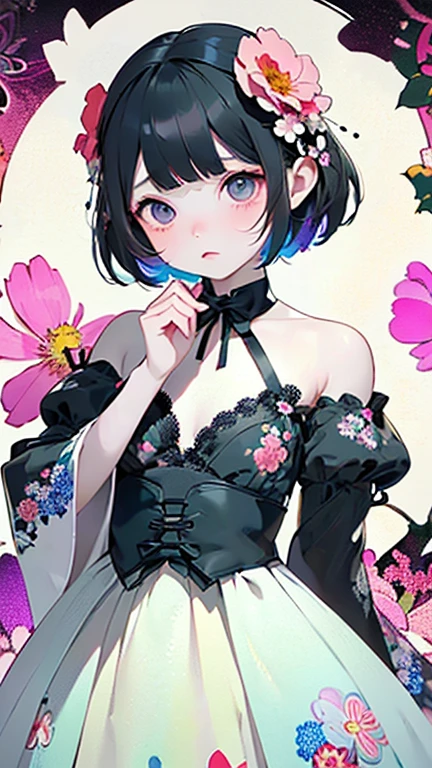 Highest quality、Black Hair、Iris、short hair、girl、cute、16 years old、、Small hair ornament、1 person、Lace dress、A happy look、