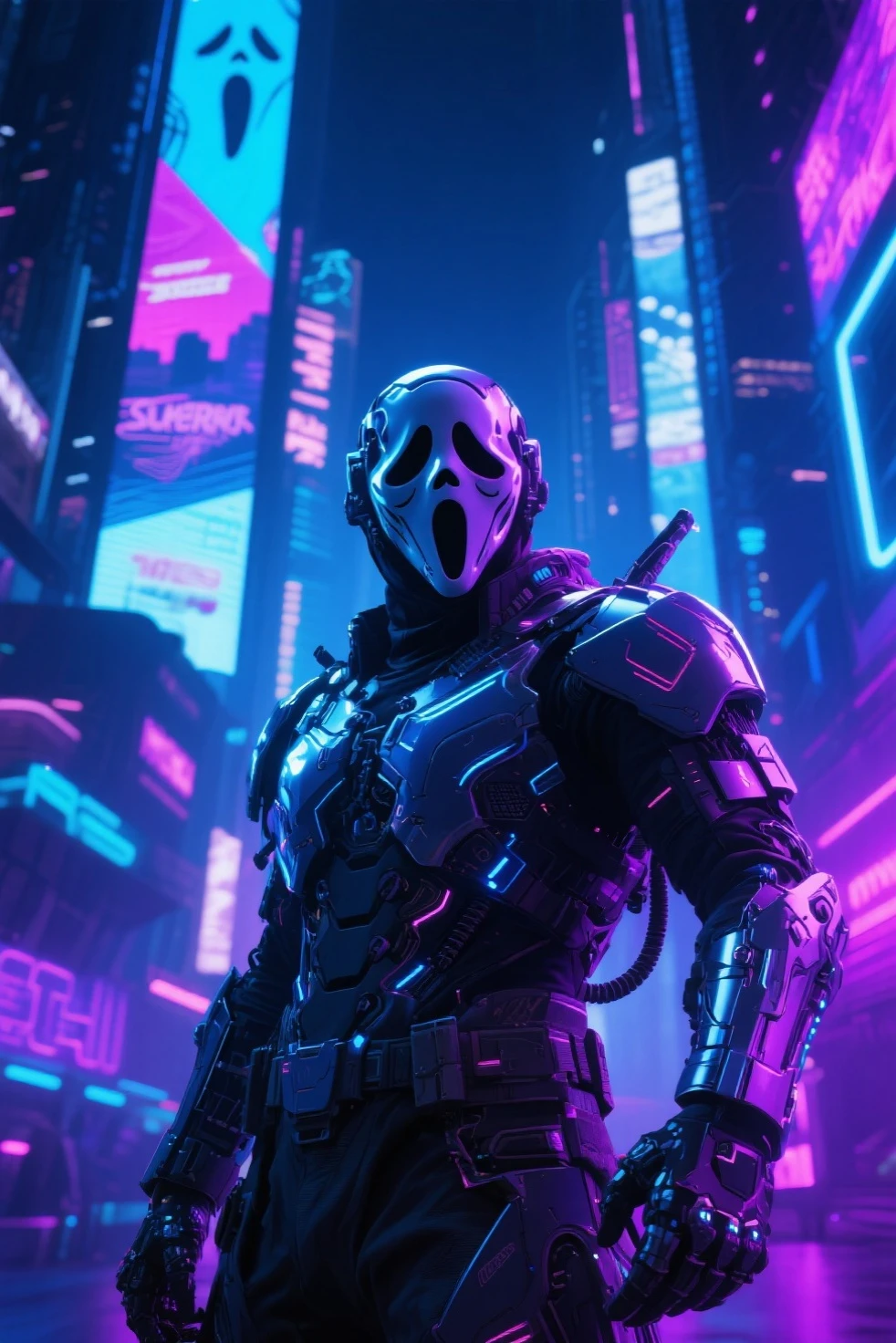 neonpunk style in the style of artgerm, Cyberpunk Style, 1man, 2077 style, full body shot, cyborg body parts, wearing neon tech gear, Ghostface Baller, mask, ((mechanical arms)), circuitry, high details, cyberpunk clothing, male focus, cyberpunk background, robot, science fiction, solo, upper body, wires and cables,
<lora:ClearHand-V2:2> <lora:2077_Style:1> <lora:ComicBookStyleSDXL:1> <lora:001-Ghst:1> . cyberpunk, vaporwave, neon, vibes, vibrant, stunningly beautiful, crisp, detailed, sleek, ultramodern, magenta highlights, dark purple shadows, high contrast, cinematic, ultra detailed, intricate, professional
