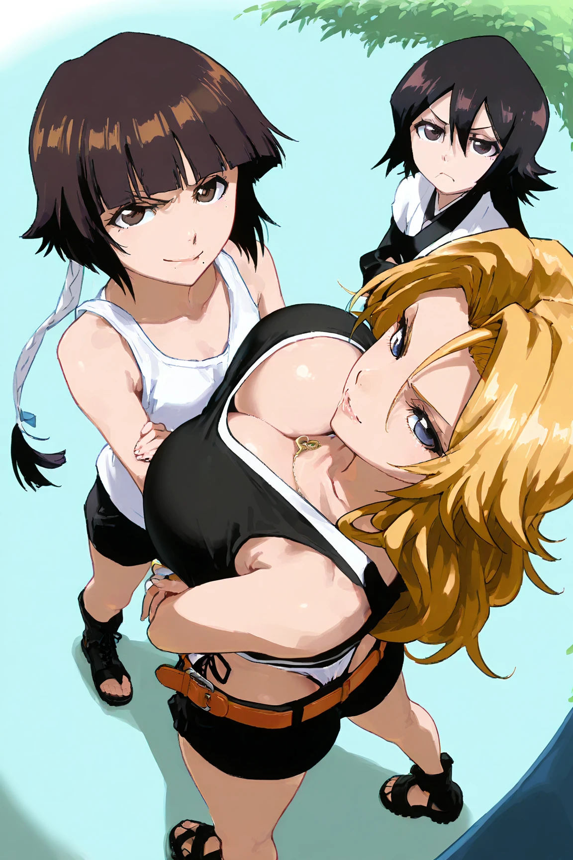 masterpiece, beautiful art, high resolution, best quality, 1 woman, Mii, solo, big breasted, cleavage, mature woman, wearing a Tyris Flare outfit, sexy bikini, full body, alluring figure, fighting in combat, showing her fighting skills, bouncing breasts, action and fighting scene, being confident, sexy smirk she attacks by throwing punches and kicks, panties exposed, jungle environment