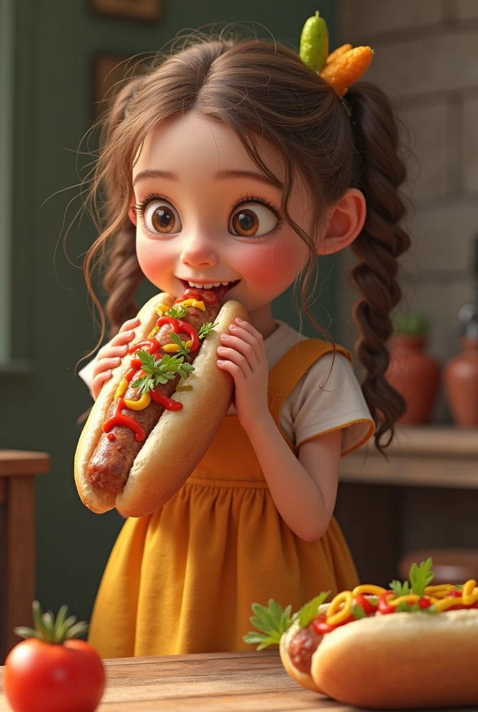 Make a child girl with long black hair, pele branca clara, olhos escuros, She's hungry, como Disney Cartoon, She's holding a hot dog, comendo cachorro-quente Pixar, ............3d, Disney, desenho