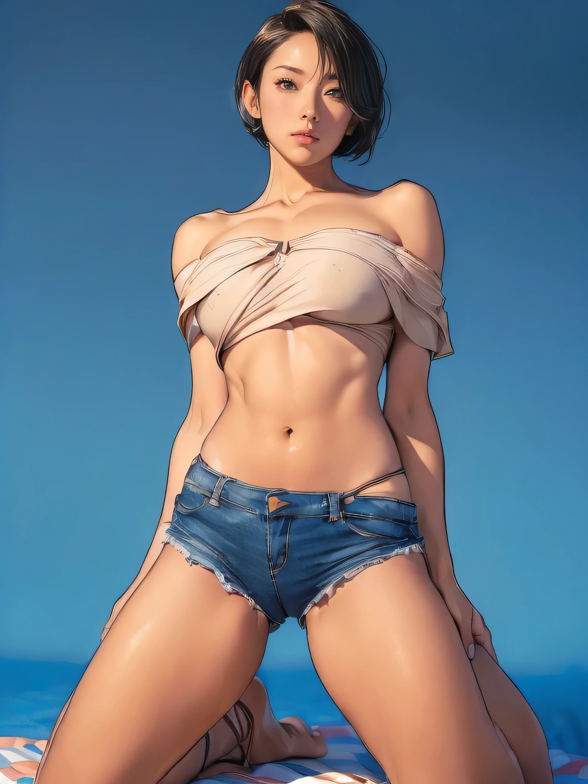 (one woman),( Japanese),(Same beach volleyball team:1.5),(denim shorts:1.3),(Wearing the same:1.5),( short hair:1.3),rest( full body:1.5),( beautiful eyes ),( bed ),( very detailedな顔:1.5),( very detailed female hand:1.5),(Sunburn:1.3),( Muscular :1.3),( large :1.5),( The background is a clear blue sky :1.2),((( blurred background :1.5))),( Soft Lights :1.5),( border depth:1.5),rest((( masterpiece:1.5),( top quality:1.5),( very detailed:1.5),( high resolution :1.5),(practical:1.5),(practical:1.5))), 8,000,((camel toe:1.3)),from below,Rope tying,Stock Posture , (black camisole:1.3),((kneeling)),((wearing a loose off-the-shoulder top:1.3))