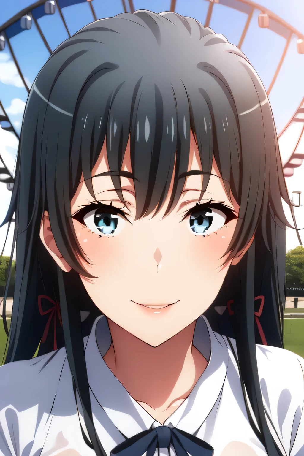   beautiful smiling woman  ，Can you draw a woman smiling in front of the giant ferris wheel at Takasago Rinkai Park，20-year-old adult woman with a nice smile，with long black hair at Kasai Rinkai Park，Big breasts、 The  ，I need a face，white blouse，Navy Blue Pleated Miniskirt，