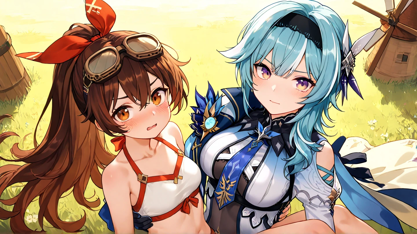 kitasan black (umamusume), satono diamond (umamusume), long hair, breasts, looking at viewer, blush, smile, short hair, open mouth, multiple girls, large breasts, brown hair, black hair, hair ornament, red eyes, gloves, navel, 2girls, animal ears, cleavage, brown eyes, tail, swimsuit, braid, ahoge, white hair, bikini, multicolored hair, black gloves, armpits, arms up, black bikini, horse ears, horse girl, horse tail, green bikini