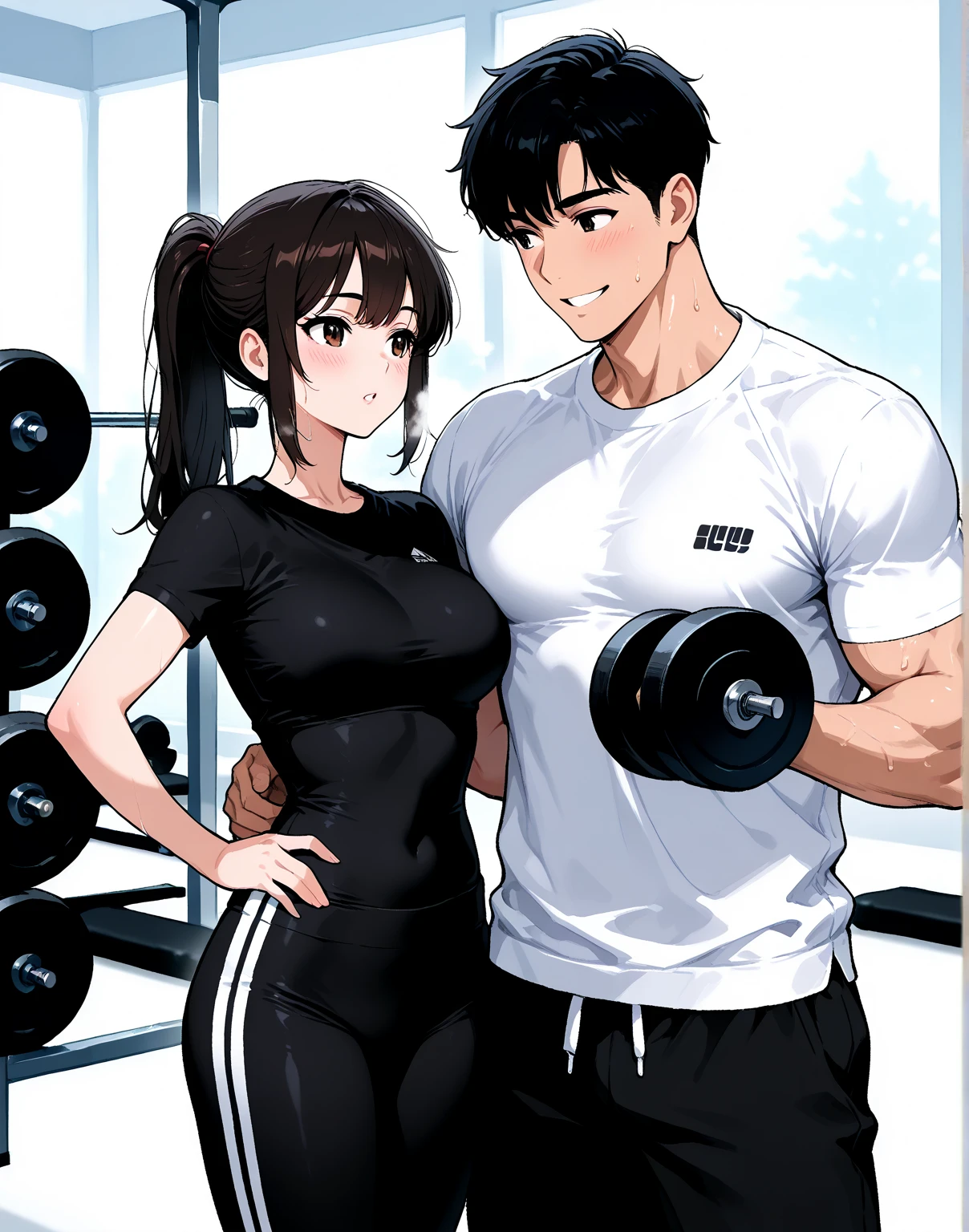 (happiness couple, she hugs his back, glasses, happy smile), (very short hair black hair nice guy, cool blue eyes, Athlete body, tall) and (bob brown hair short hair cute woman, soft green eyes), BREAK, in the Living room, perfect anatomy, masterpiece, best quality, 16k, beautiful detailed grow, daydreaming expression.