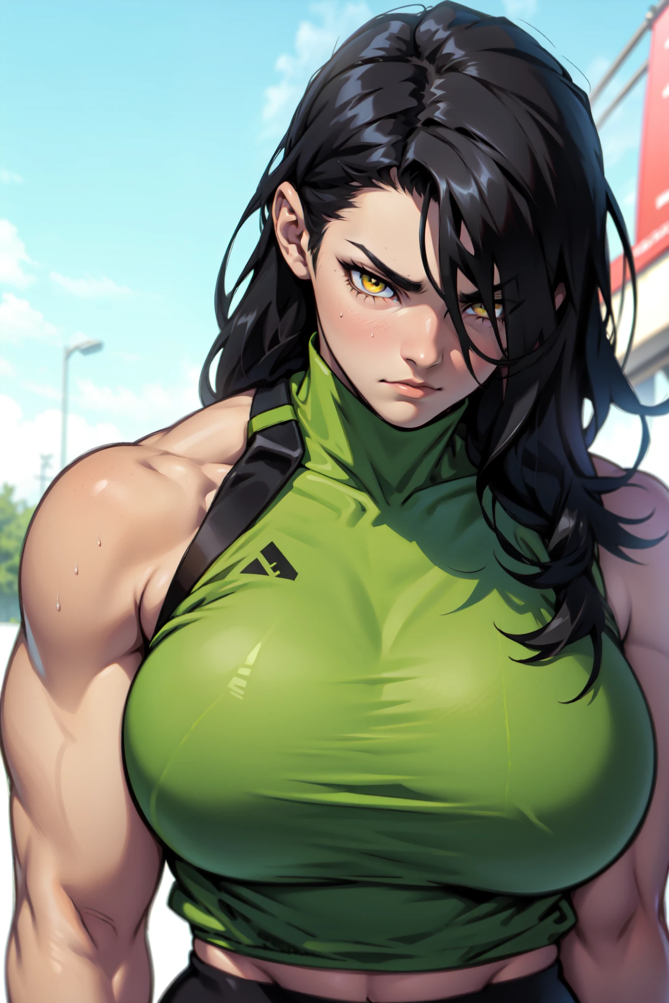 (((muscular girl toned body massive breasts))) yellow eyes black hair between eyes pale skin sweaty massive hair messy hair