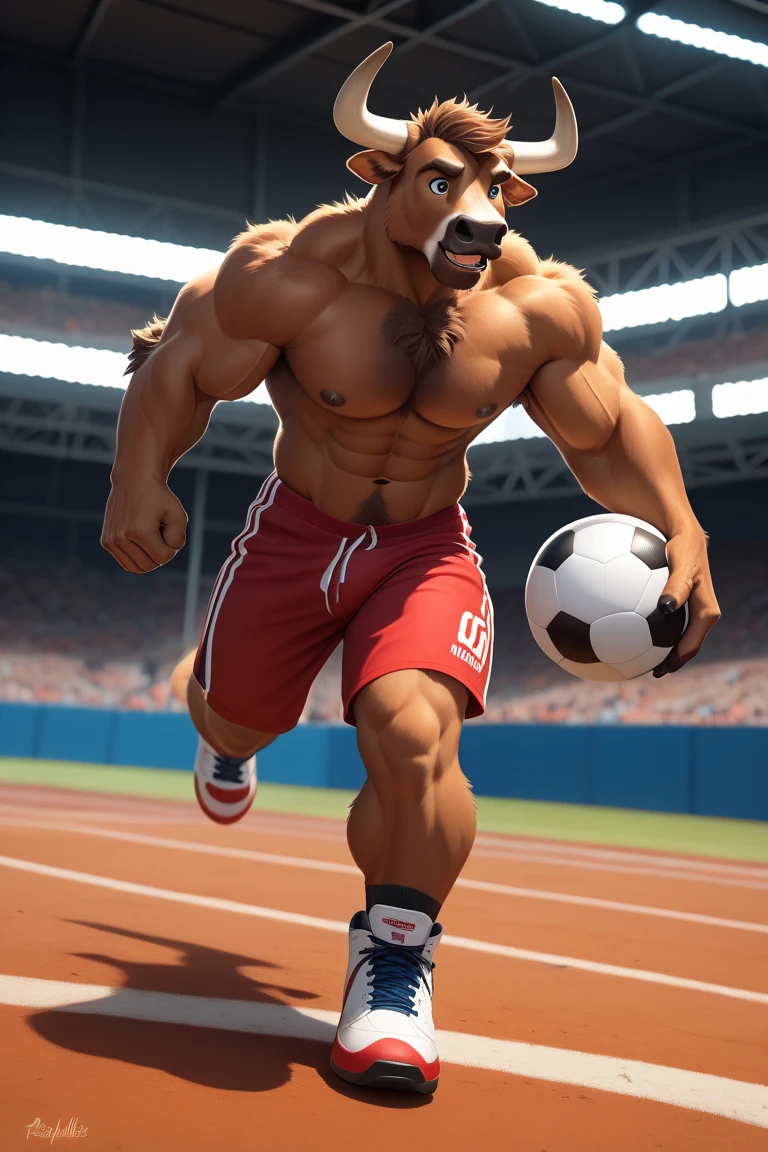 A Lion beast. Humanoid body. Playing soccer