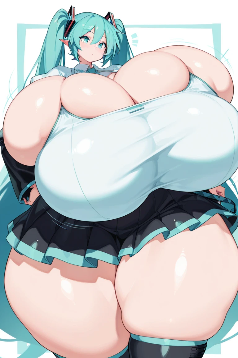 1girl, gigantic breasts, two side up, (sweaty:1.8), naked overalls, huge ahoge, full body , looking down, Vibrant,lactation ,from side, nsfw,