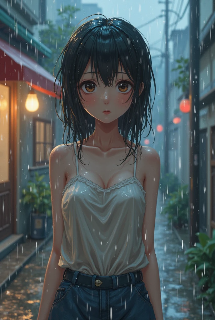 Photorealistic、Highest quality、Highest Resolution、Highest quality、16K、1 beautiful adult woman、Cute face、Delicate face、Bob cut hair、Ash brown hair color、Brown eyes、Delicate eyes、Beautiful Eyes、Troubled face、Beautiful breasts、Big Breasts、shirt、Shorts、umbrella、大rain、rain、Town