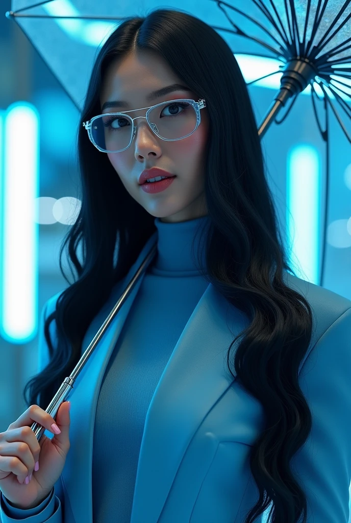 (Masterpiece), (Excellent), (Super Meticulouull Body: 1.2), Super Young Woman, Japanese Geisha, Beauty, Chinese Dragon, Tiger, Wind God Thor, Sexy, Bursting, Oriental Face, TV Anchor, Bust Portrait Illustration, Alone, Black Suit, Blue Tie, Slightly Chubby, Very Clean Face, Silver Glasses, Black Super Short Hair, Black Eyes, Confident Smile, 3c Computer Sub-Products, iPad, iPhone, Digital Painting, 3D character design by Mark Clairedon and Pixar and Hayao Miyazaki and Akira Toriyama, the illustrations are HD illustrations in 4K resolution with highly detailed facial features and cartoon-style visuals.