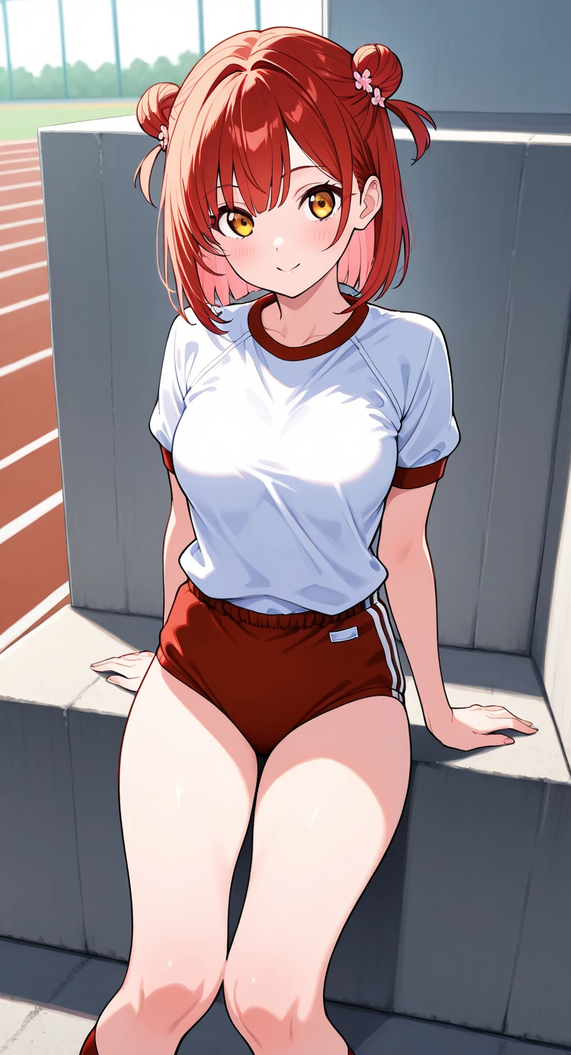 (masterpiece, highest quality:1.2), bazett, FGO, One girl, alone, short hair, Redhead, bangs, Red eyes、blush、Big Breasts, Earrings, (Navy blue cuffs and white short-sleeved gym uniform)、(Bloomers are bikini type)、(
barefoot)、Navy blue socks、Big smile、Ground、Schoolyard、Sexy pose