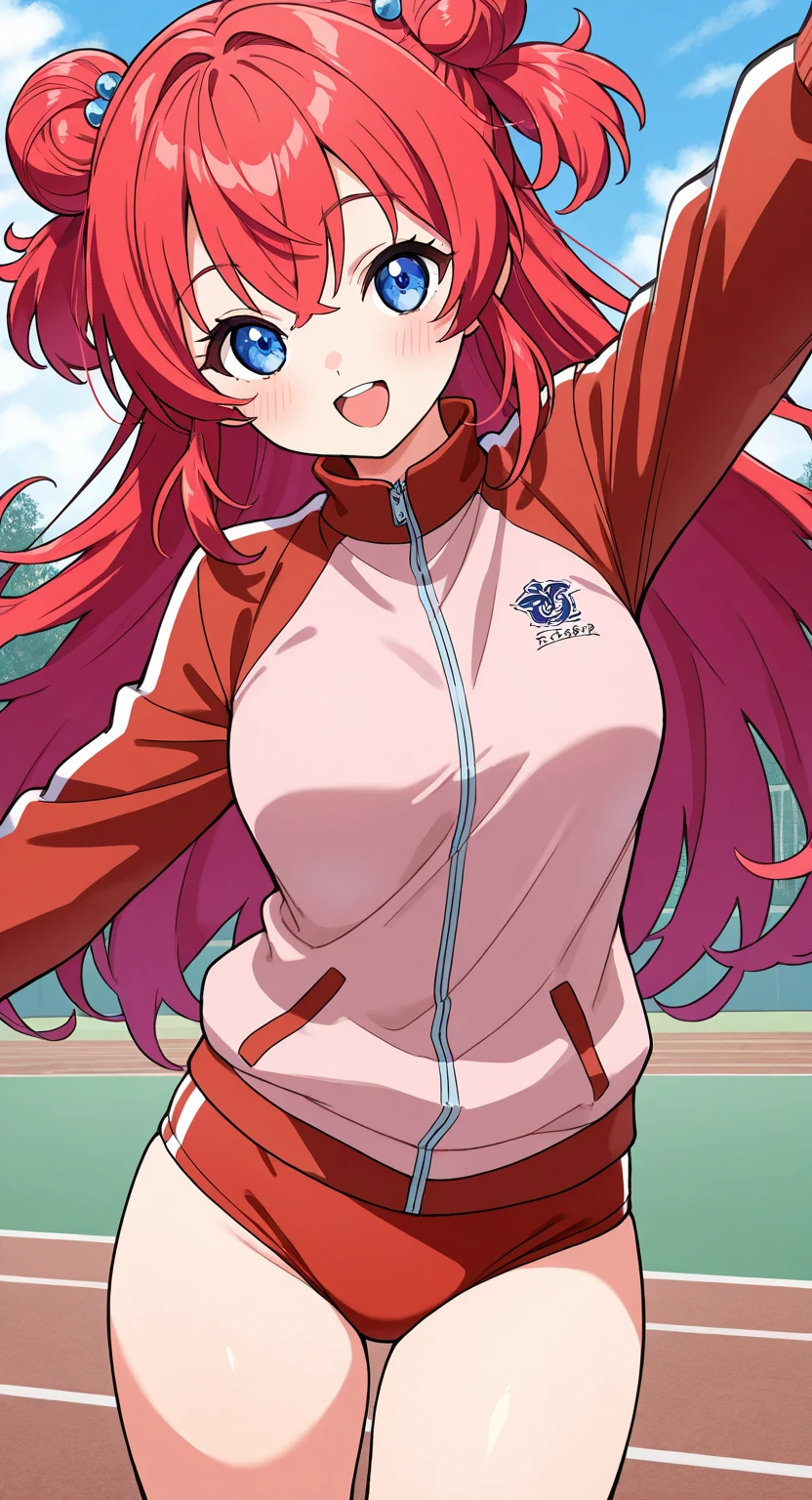 master piece, best quality, ultra high resolution, highest quality, anime調, Best Lighting, Beautiful face, Satsuki Nakano, Itsuki Nakano, 2D, masterpiece, highest quality, anime, very detailed, 1 girl, solo, face focus, Masaki Nakano, red hair, long hair, star hair ornament, Ahoge, (plain red tracksuit:1.3), long sleeve, red jersey pants, (Red-rimmed glasses:1.3), (hairpin:1.2), indoor, (Waryza on the floor:1.3), study, portrait, very detailedな目, smile