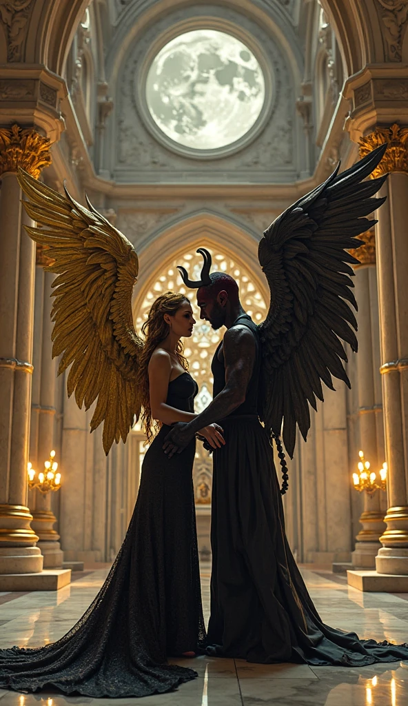 Photo of a couple. Black winged demon man and blonde angel woman dressed in white. A dark room illuminated only by the dim light of a candle. An imposing looking demon, with black wings and burning eyes, Hold firmly a fallen angel with white wings and a serene face, in a pose of submission. The angel is kneeling, looking at him from the front up with devotion, while the demon looks at him with a mixture of power and desire. The atmosphere is gothic and full of dark symbolism
