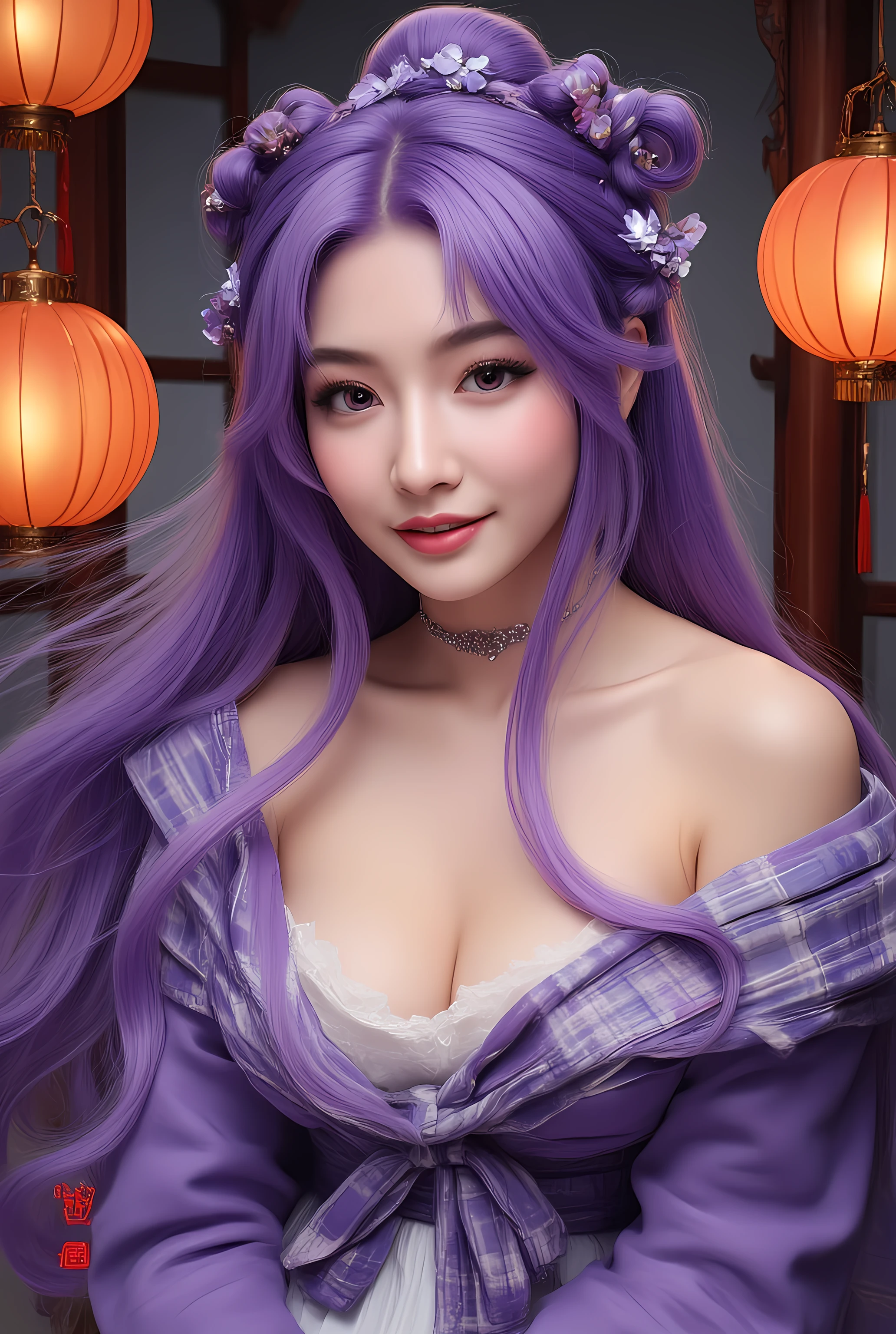 One 18-year-old Japanese woman、Japanese Idols、Tabletop、Highest quality、figure、Super detailed、In detail、High resolution、8k wallpaper、Perfect dynamic composition、Beautiful attention to detail、(A refreshingly revealing violet cabaret dress:1.8)、summer、Medium Hair、(Youthful, firm, beautiful and large breasts:1.8)、(Deep cleavage:1.8)、Natural color lip、Bold sexy pose、(A revealing and shy smile:1.8)、Harajuku、(Too beautiful, too pretty, too cute, super small face:1.8)、(Slim and super small face:2)、(She stares at the viewer with seductive eyes, as if she has fallen in love with him and is asking for sex.:1.8)