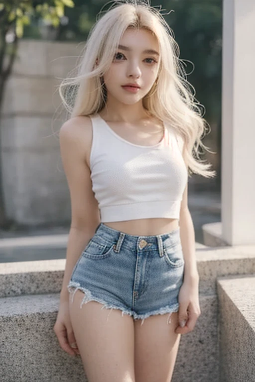 (sexy lingerie) ,(denim shorts with less cloth:1.2),( long leather boots :1.3),(ultra detailed neckless:1.3), beautiful earrings ,BREAK , 1 girl, solo, show skin, cleavage ,extremely beautiful lady standing up, flat chest, intricate details, fit body:1.2 , naughty, slutty, perfect hands, detailed hands, perfect eyes, detailed eyes ,(blush:1.45),(gyaru:1.2), (tanned skin:1.5), (Open the crotch before:1.4), (wind:1.45), (long blonde Nadia:1.6), strong, realistic, HDR, UHD, dynamic, colorful:1.55 , blooming light effect ,nsfw