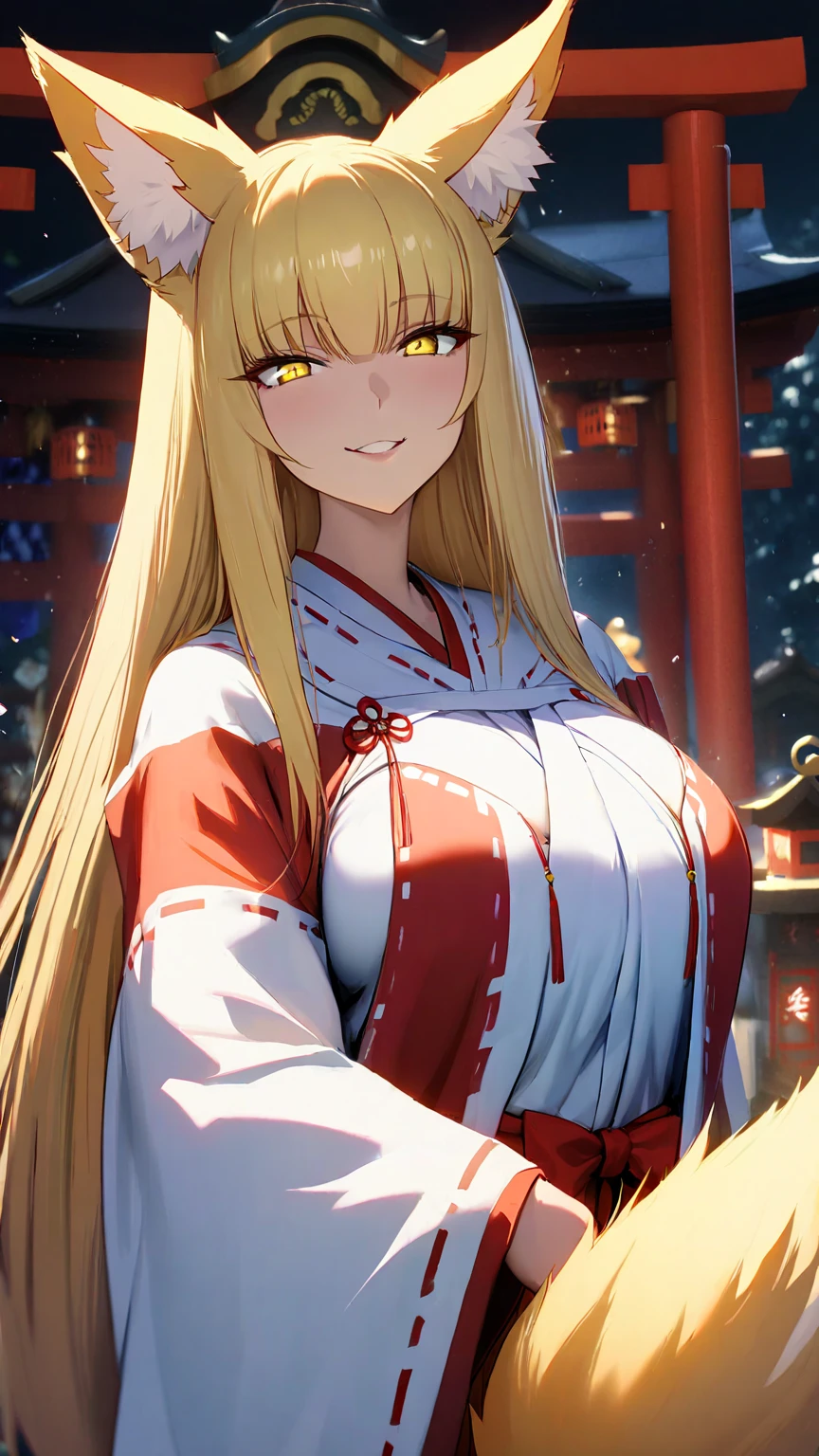 Highest quality、Big Breasts、Cleavage、Fox Ears、long blond、Red Eye、kimono、smile、Sticking out tongue、Japanese-style room