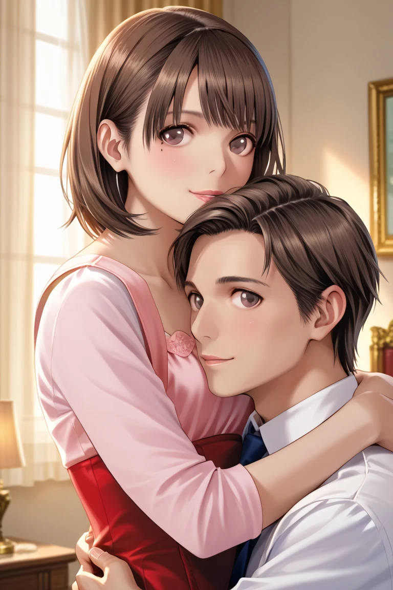 score_9, score_8_highly, score_7_highly, source_Anime-Series, 1 tire_feminine, Brown hair, brown eyes, low ponytail, big boobs, smile, 1 boy, shota, Hug from behind, living room
