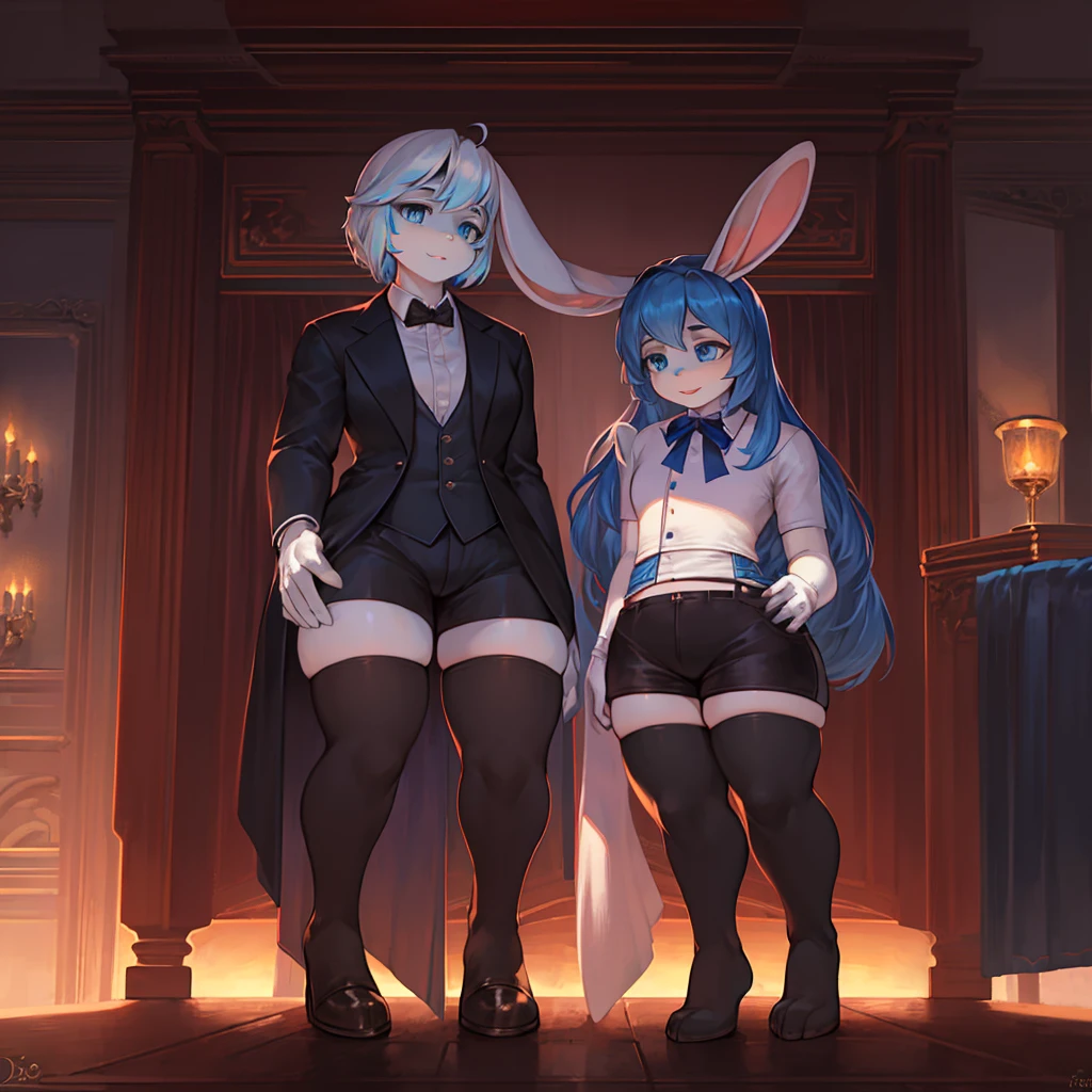 Two Young Adult woman, one young adult male, Long black hair, high ponytail, Fox ears, Foxtail, The left eye is blue, Red right eye, big breasts, private room, standing, ssmile, Masterpiece, hiquality