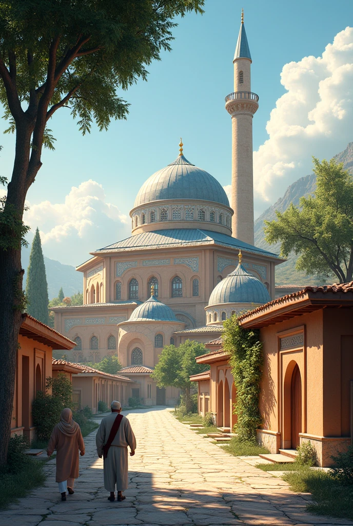 Describe the residential setting where there is a road and a mosque