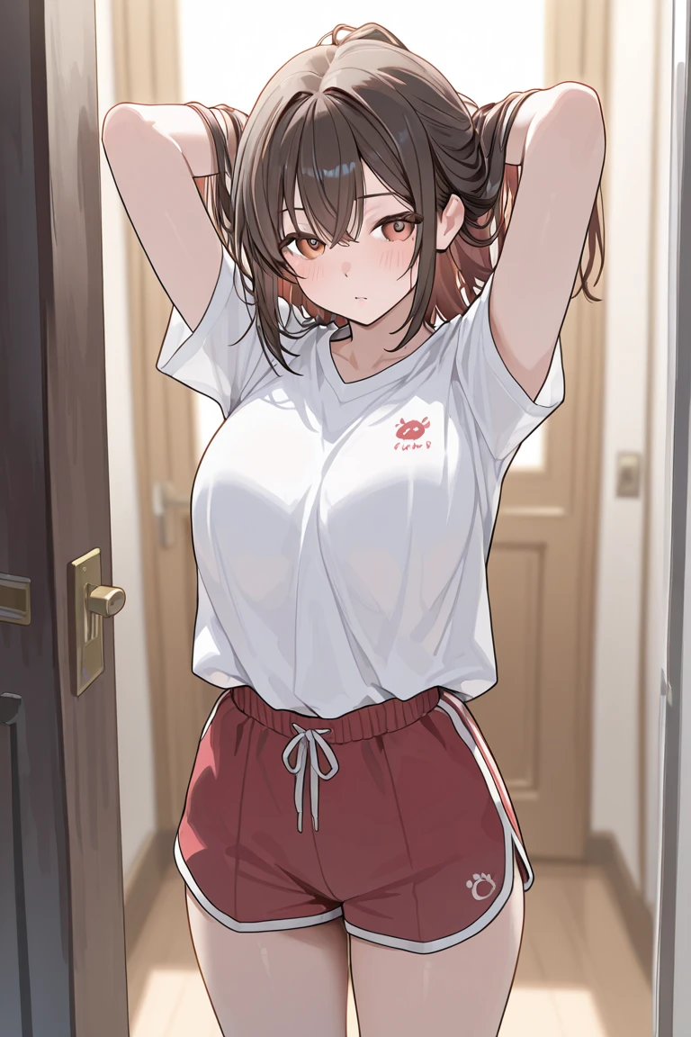 software, Ticker, Red Bloomers, School, Grey hoodie, Photo of a girl in the music room, Low Twintails, ((Forehead Baring)), whole body, (Thin thighs),