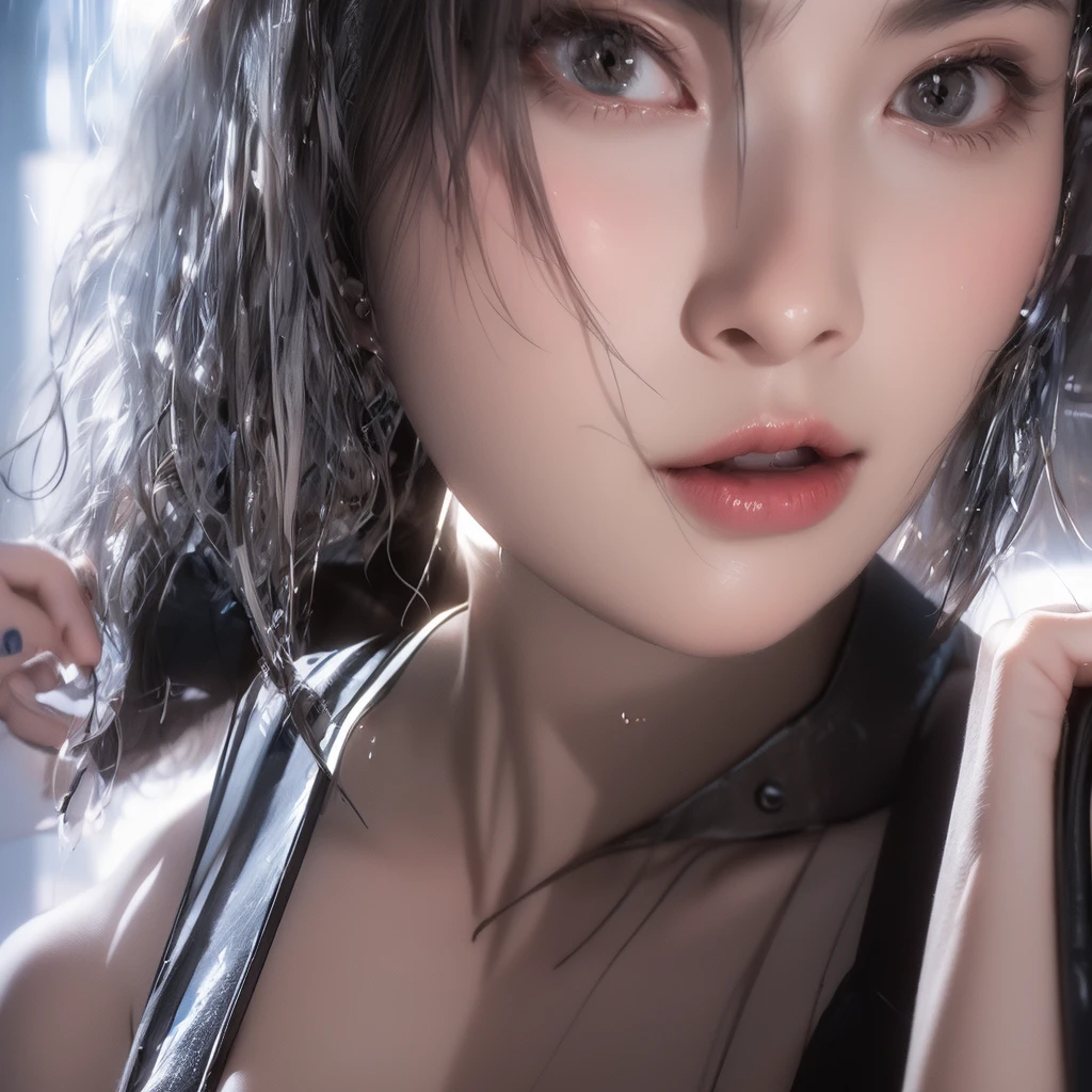 (((NSFW1.5))),(Masseter muscle part:1.3)、(8K、Photoreal、RAW photo、highest quality: 1.4)、(1 adult female)、beautiful expression、(lifelike face)、sharp brown eyes, supermodel face、(wet black hair、short hair:1.6)、beautiful hairstyle、realistic eyes、beautiful details、(real looking skin)、beautiful skin、(white dress shirt:1.6)、absurd、attractive、超A high resolution、surreal、high detail、golden ratio, crawl on all fours