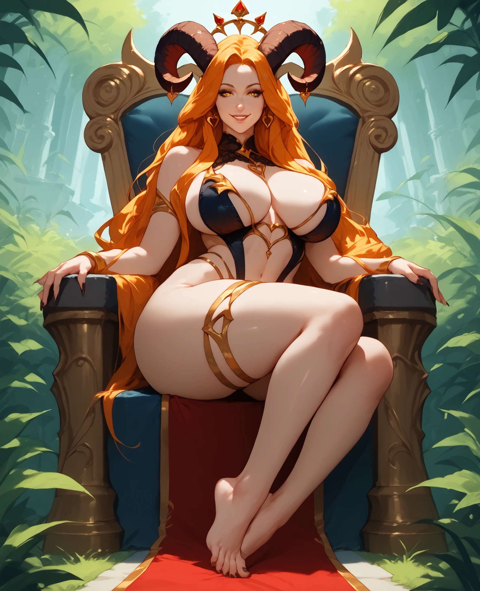 Woman, busty, thick, chubby, big belly, sitting on golden throne, red skin with blue, white and yellow lines around red skin, wears a big golden human tribal tiki totem mask with golden feathers on her face, wearing red tribal female outfit, beautiful, seductive, bare, best quality, masterpiece, high quality, high details, highres, HD, (4k), incredibly absurdres, (absurdres), HDR, plump and saggy large breasts, seductive pose, leg on top of the other, anime, realistic