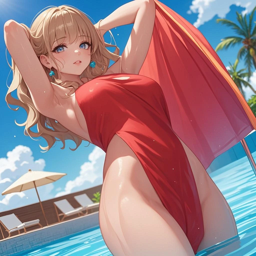 score_9,score_8_up,score_7_up,18 year old,1girl,asuna \(sao-alo\), sword art online,yuuki asuna,nsfw,brown eyes, brown hair, long hair, bangs, braid,standing,leg lift,hand on hip, holding cup,drunk-seductive-smile,blush,large breasts,brown hair,parted hair,long hair,red dress ,plunging neckline,center opening,cleavage,navel,earrings,bracelet,pool-party ,multiple-people,surrounding by 5 strong boys,