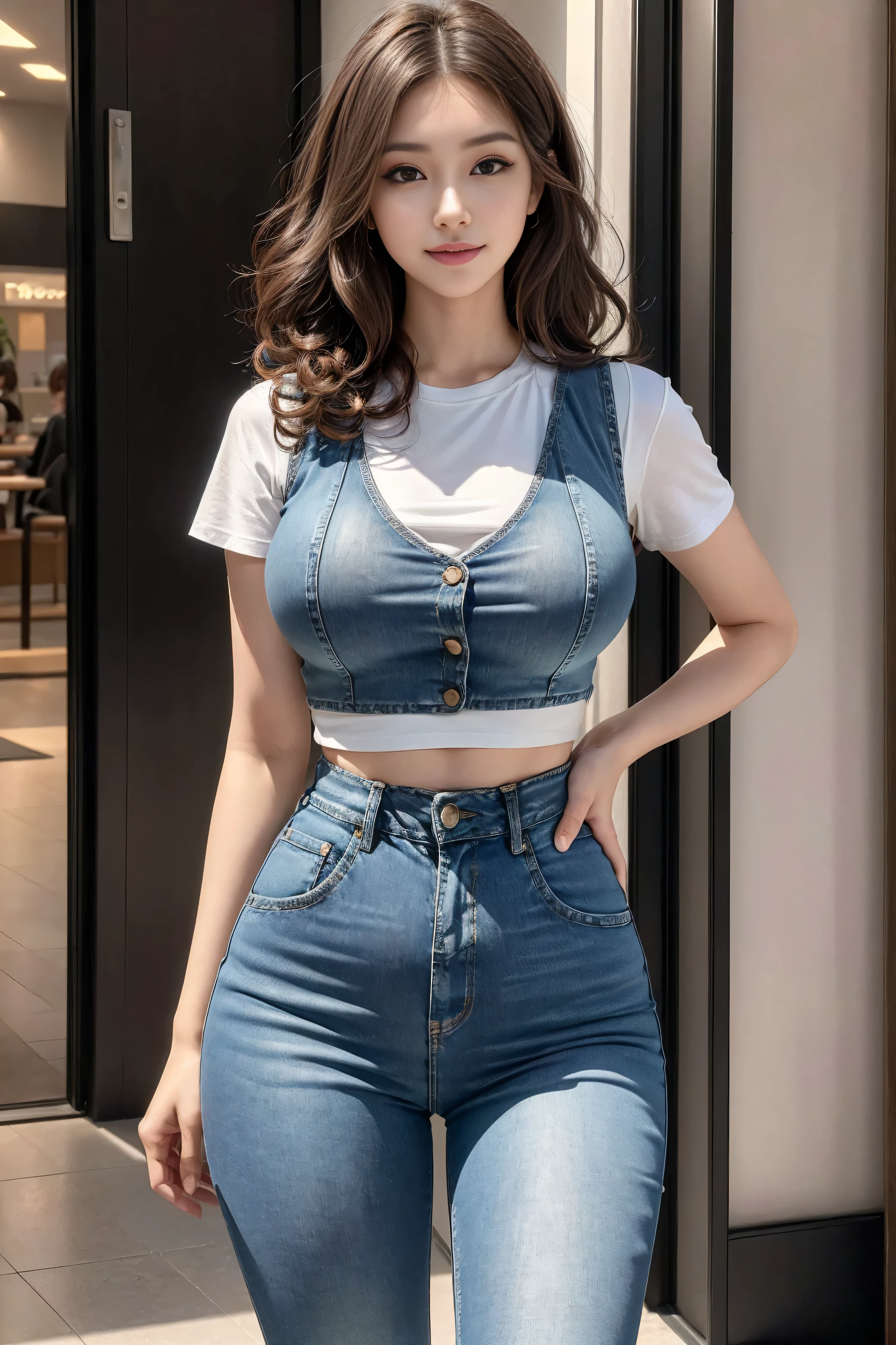 cute girl leaning on a chair, holding a lit cigarette, laughing a little, looking up, wearing a short-sleeved t-shirt, short hair, big breasts, wearing jeans, wearing high heels, tattooed chest, realistic, realistic, masterpiece, best quality, 8k, high resolution, lock focus, soft light, Cinematic Light, perfect figure