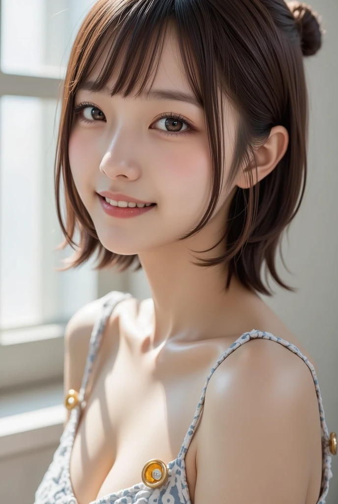 (Highly realistic photos, High resolution, Detailed face, Fine Eyes), ((Photographed in front of a white wall))、Japanese women, OL, Closed mouth smile, alone:1, Slim figure, Mr..々Hairstyle, Only one person is in the photo、nude、Completely naked、Photographed in natural light、Simple Necklace、Don'Don'Don'Don't look at the camera、profile、Pink brown hair color、Bob Hair、Moles all over the body、Sitting on the floor、Childish, Big face, Closed mouth smile、Waist、The photo shows the body from the knees up、Spread your legs、Waist、引き締まったWaist、Rope Bondage