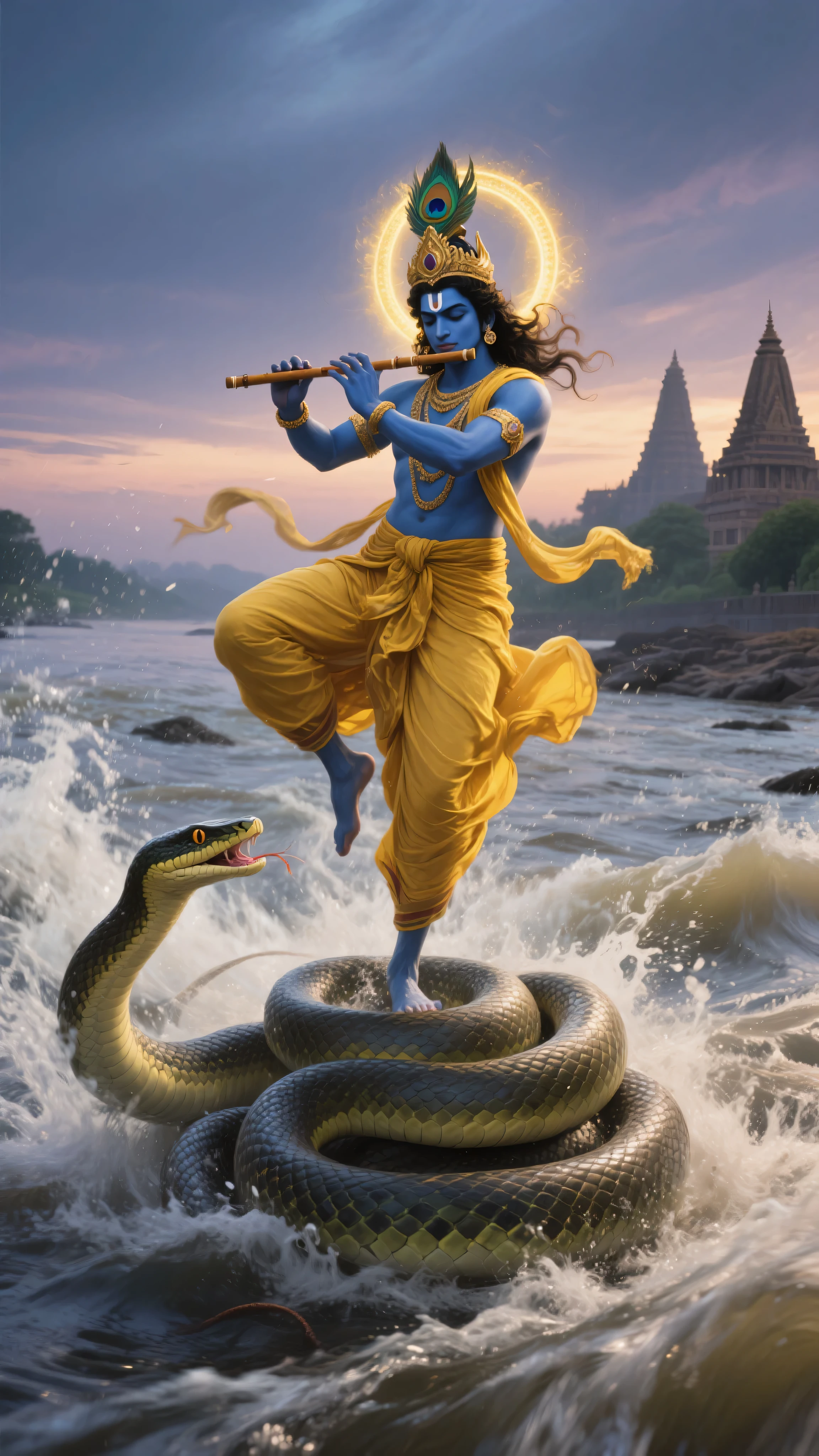 Kaliya Nag Vidhwansh (Victory over Kaliya Snake): Krishna, standing in the middle of the Yamnuna River, dancing on the hoods of the multi-headed Kaliya Nag. The river is churning, and the serpent looks defeated, while Krishna appears victorious and serene.
