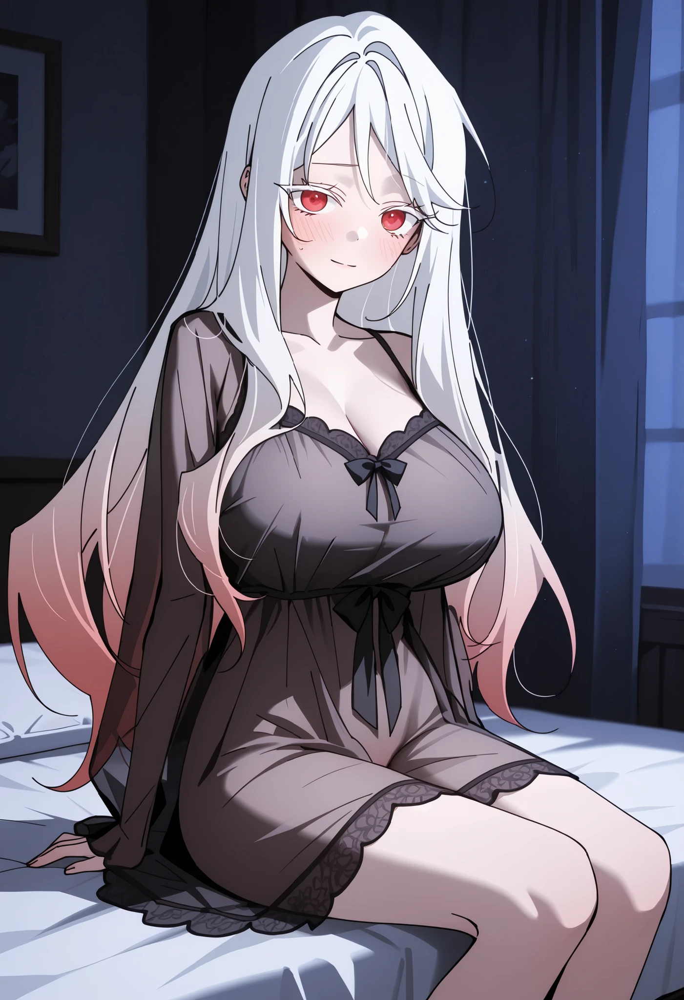 masterpiece, best quality, cinematic lighting, amazing quality, very aesthetic, absurdres, best quality, 4k, upscale, uncensored

1girl, solo, nightgown, see-through, sitting, on bed, looking at viewer, embarrassed, light smile, dark, bedroom

hongbiyeon, red eyes, gradient hair, white hair, long hair, white eyelashes, huge breasts