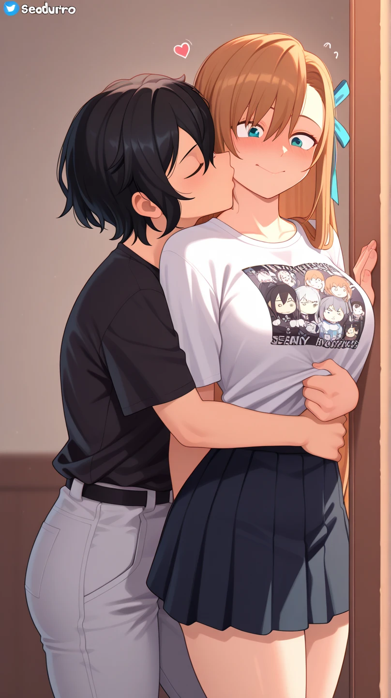 1girl , 1boy,little boy, hug each other,female high-school student，White student uniform，huge tit，blush,large breast,JK ,sex
