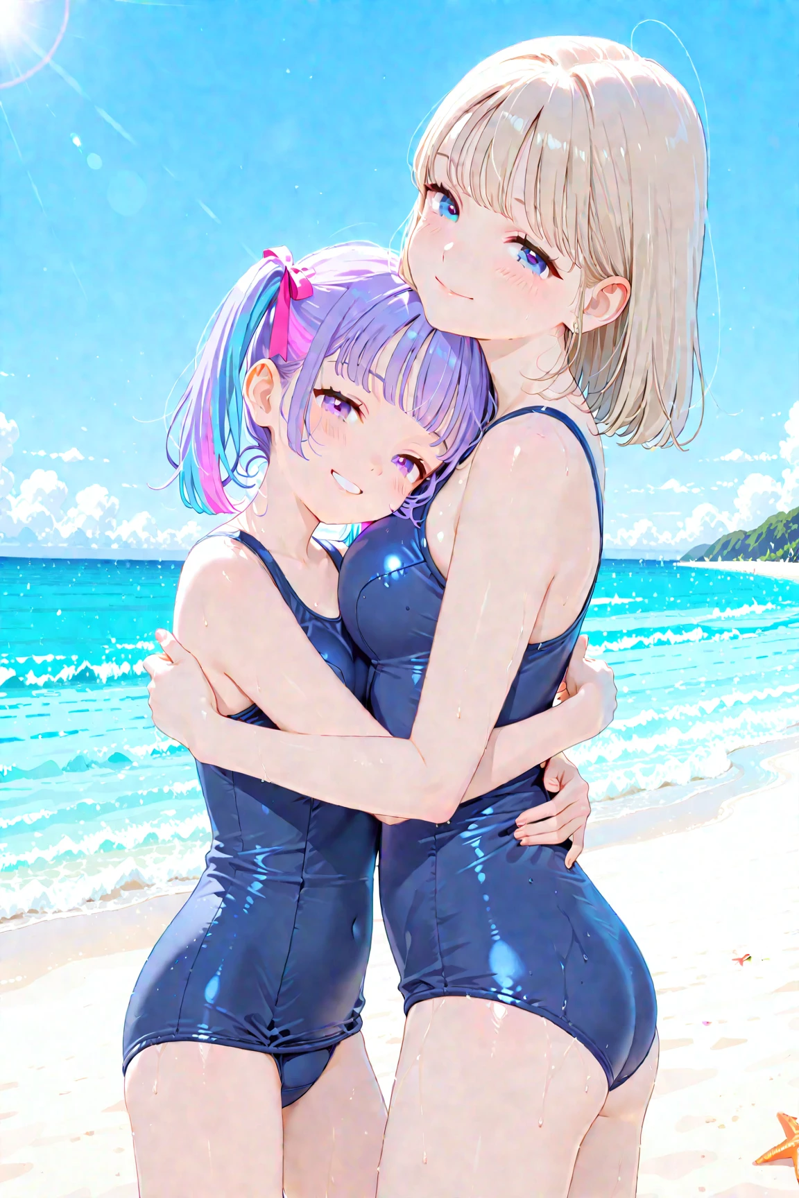 Rezero, Rem, smile, high leg swimsuit standing with crotch spread on white beach, arms spread wide