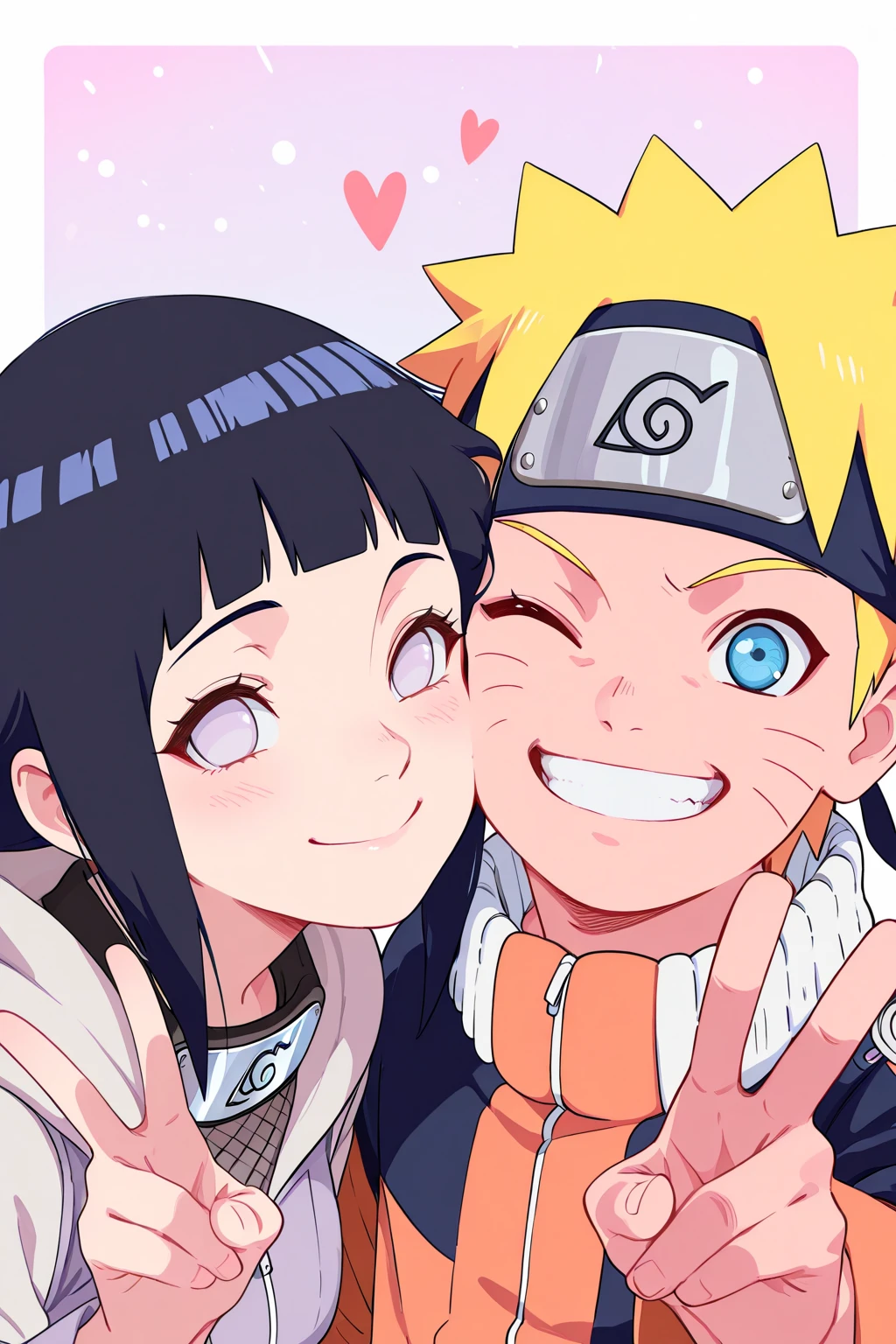1girl, 1boy, couple, cheek-to-cheek, uzumaki naruto_shippuden, hyuuga_hinata_Shippuden , upper body, v, minimalist coloring, smile, teeth, bright background, masterpiece, best quality, very aesthetic