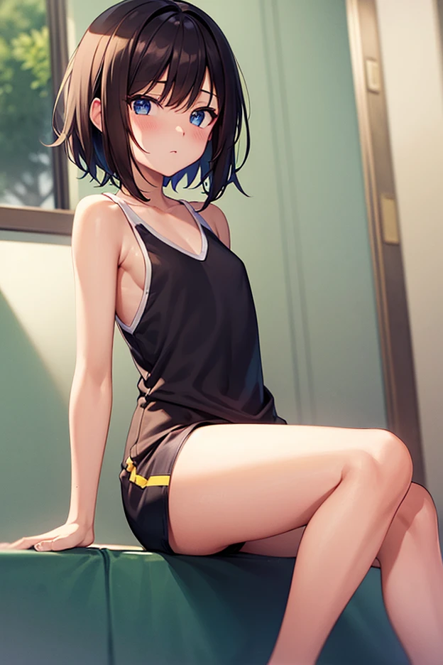 a girl sitting on barstool cushion, dolphin shorts,