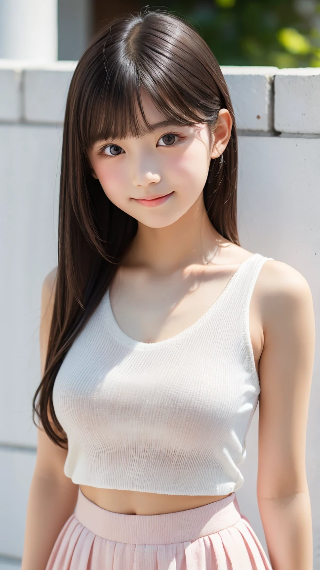 breast squeeze:1.3,Very young Japanese,Grey short sleeve ribbed knit,big breasts,Black Hair,Long Hair,Soft lips,Fine skin,(Glowing Skin),(masterpiece:1.4),(Highest quality:1.4),white background,medium close-up shot,straight-on,