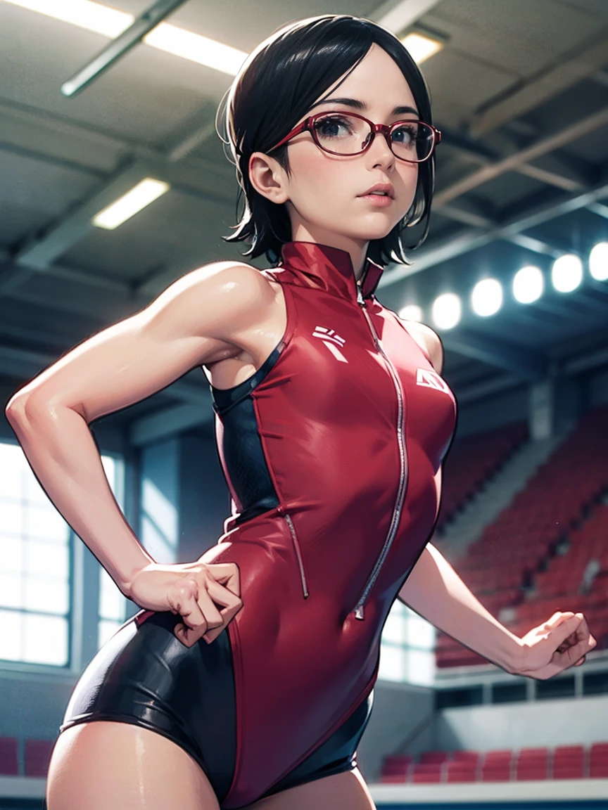 Sarada Uchiha, artistic gymnast, naked, performing in the Gymnastics Stadium. She has short black hair and beautiful black eyes. Her small face and glasses enhance her graceful appearance. The focus of the artwork is on Sarada's detailed and expressive eyes, capturing the determination and passion in her gaze. The art medium used is a combination of realistic and vibrant colors, creating a visually striking composition. The lighting is dynamic, emphasizing Sarada's movements and highlighting the contours of her athletic physique. The image quality is exceptionally high, with ultra-detailed precision and a photorealistic rendering of Sarada and the Gymnastics Stadium. The artwork reflects the intense training and dedication of Sarada as a gymnast, portraying her strength and elegance in a captivating way.