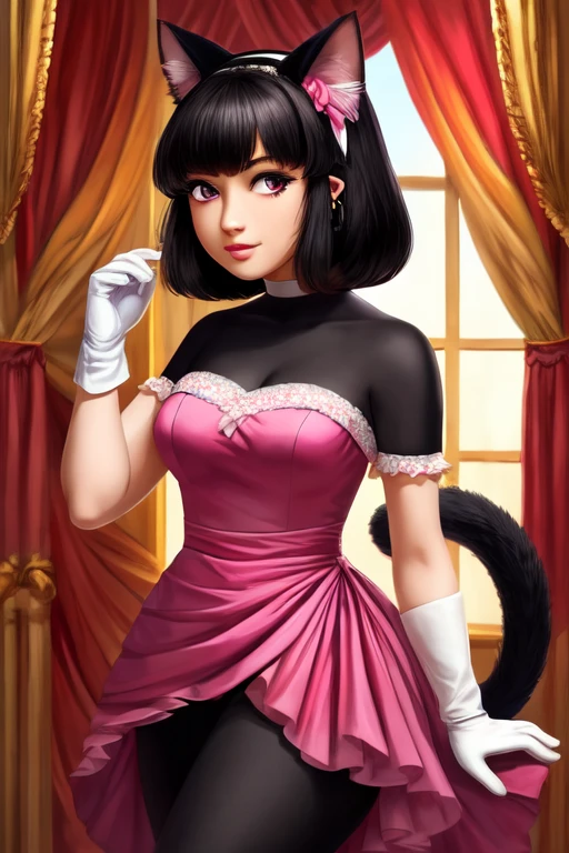 (junkotvv) medium breasts, 1 girl, ((black fur, cat ears)) ((cat girl)) light red eyes, She has a beautiful sensual body, with full breasts and thin waist, and an extremely sexy body, HIP HOP Long pleated skirt, Pink blouse with off-the-shoulder sleeves, has a bold appearance. young, quality, realist, best quality, cute expression, Red lipstick lips, Beautiful smile of a girl in love., propensity, In the living room, beautiful and with a romantic atmosphere