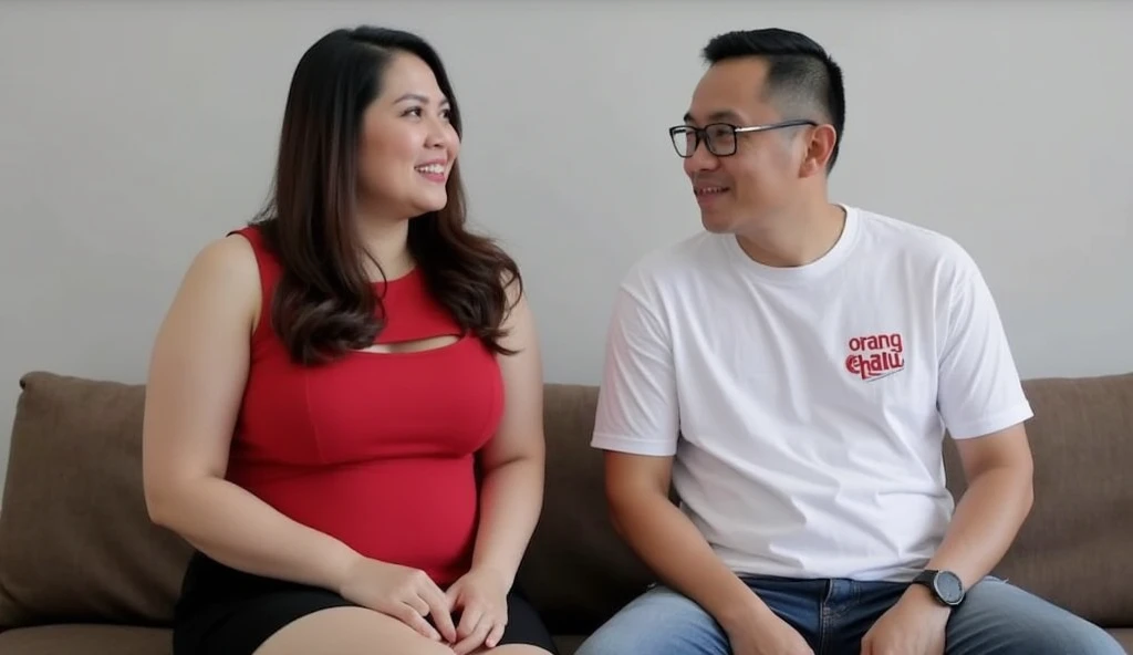 mujer embarazada en vestido rojo soplando un cuerno a un hombre, Chris Chan, Su vientre es gordo y redondo, photo from a promotional session, photo session, Foto promocional, Real Life Big Mom, Andy Milonakis, embarazada, lengua grande, insanely inflated hips, vientre hinchable, Peter Griffin de la vida real, foto de perfil, vientre embarazada, Foto de perfil