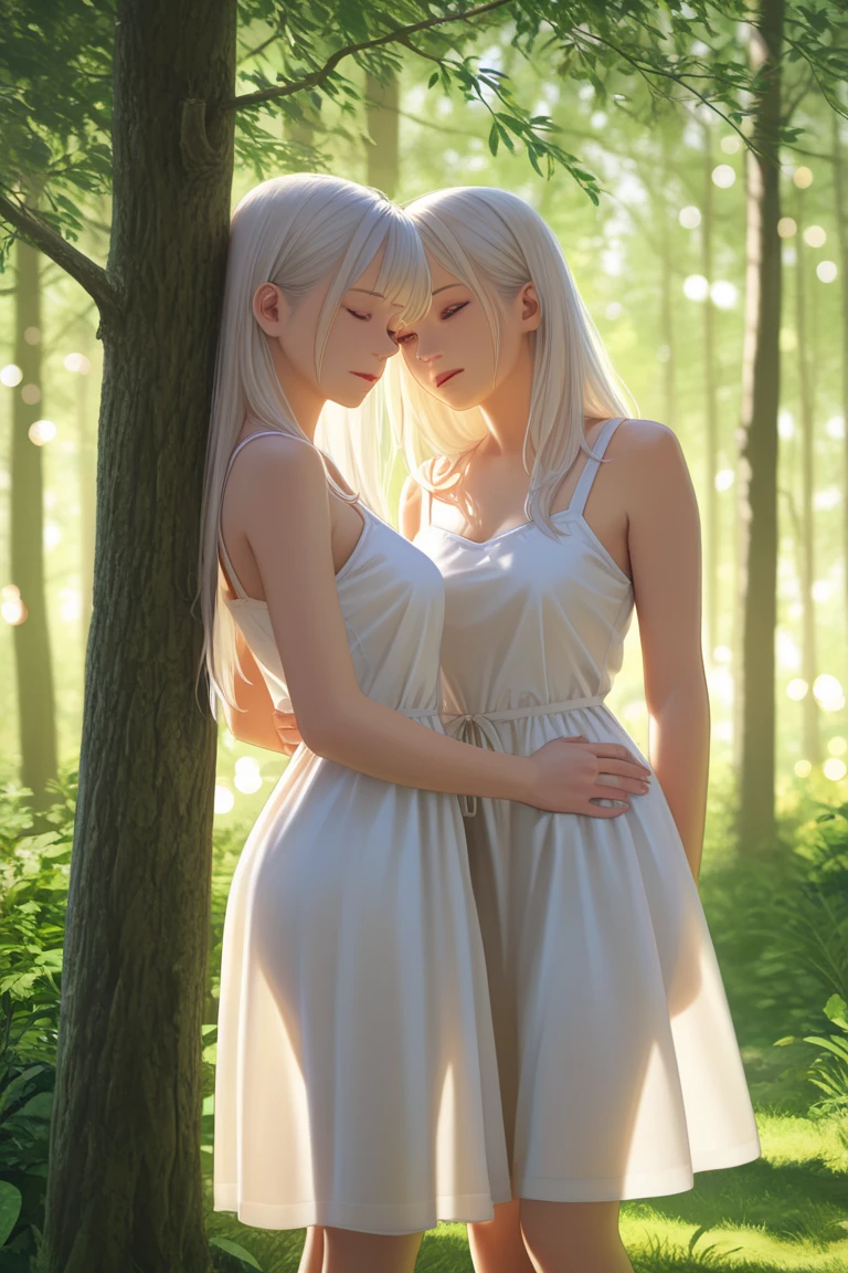 (masterpiece, best quality:1.4), (8K), Young blonde beauty, (((2 girls in love, 18 years old, neat girl))), detailed blue eyes, long eyelashes, blush, kind smile, horny, upper body, topless, small ass, slender thin legs, vagina, (looking at viewer) (from behind), beautiful blonde short hair, white-skinned, straight bangs, pigtails, squeezing, groping each other's breasts, ass hole, anus, (small breasts), (mushroom forest, celestial forest, beautiful and magnificent pink sunshine, majestic sky), natural light, pastel colors)