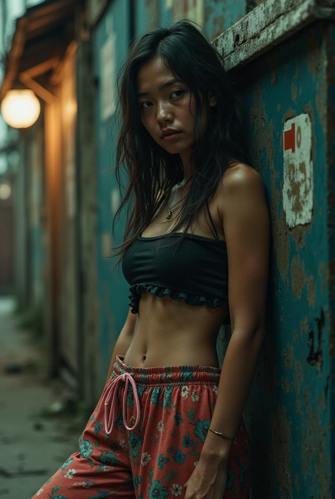 in an old construction site, wearing crop top and panties, black hair, sweaty, 18 year old, indian village girl, short height, dusky, big eyes, indian girls, messy hair, thin waist, beautiful open hair, wavy hair, pretty face, smirk, Indian, beautiful face, wearing bikini, highly detailed, vibrant, cinematic, ultra high quality 8K resolution, blade runner 8k, HDR, 500px, FUJIFILM, bokeh