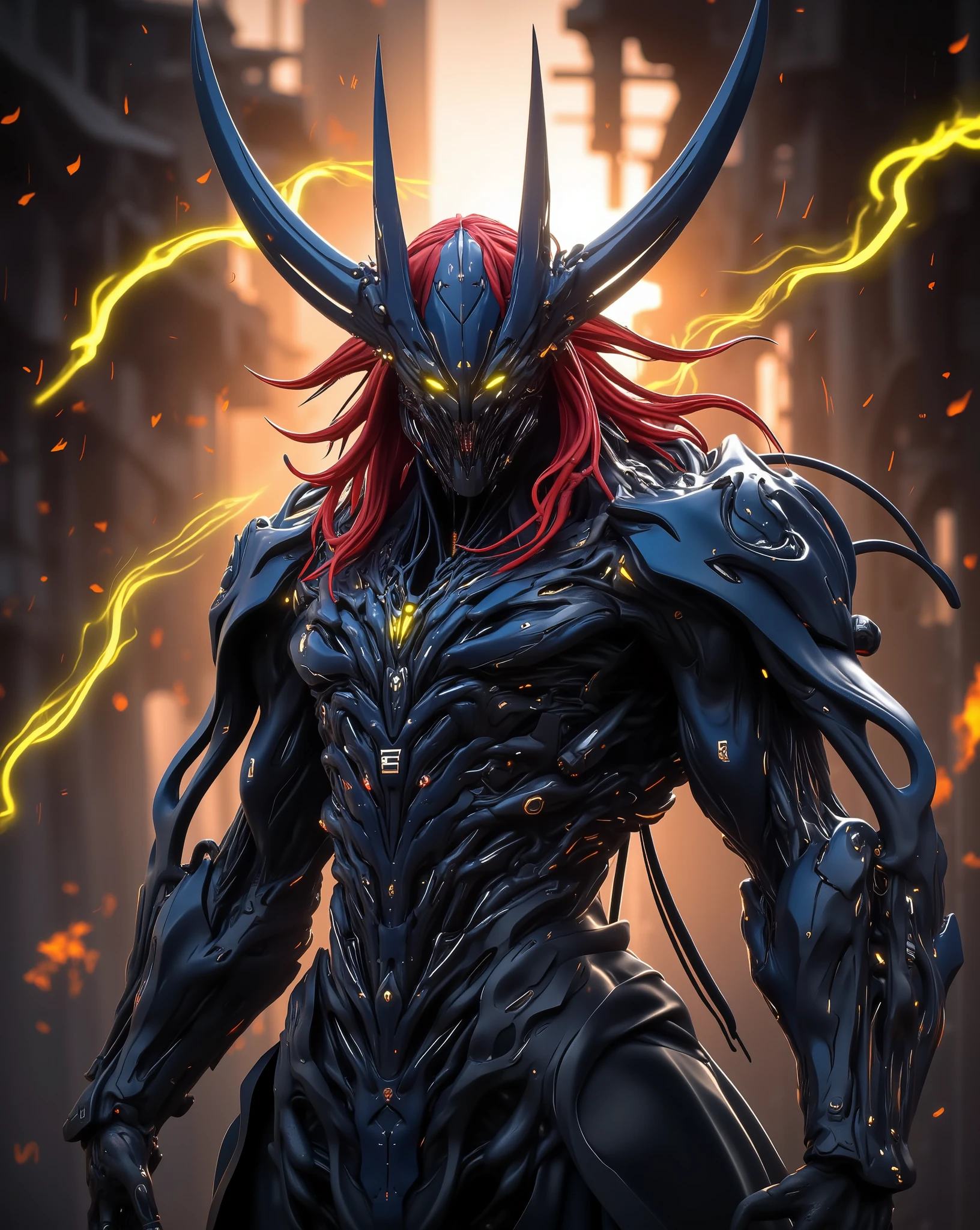 Perfect masterpiece, (Masterpiece:1.2), Best quality, high resolution, Beautiful detailed, Extremely detailed, Perfect lighting, high quality, high resolution, highest image quality, 8k hd. 
1 male guy. 
blood red and blue hair, Faceless, yellow eyes, glowing eyes, demon horns, long horns. 
Elegant. 
dark blue uniform, battle armor, Energy lines, masks.
Sunrise, flames on the background. 
Dramatic lighting.
Highly detailed background.
