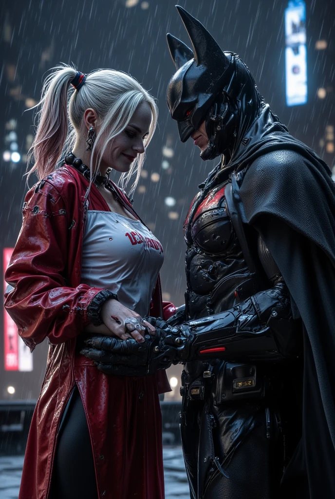 Harley Quinn and Batman standing on the rooftop of a gothic building at night, in the rain, cinematic lighting, emotional tension between them. Harley Quinn is smiling, drenched, seductive but vulnerable. Batman is stoic and torn, holding her wrist gently. Neon lights and the Gotham skyline in the background. Dramatic close-up angle, ultra-detailed faces, high contrast shadows, romantic and dark atmosphere, cinematic color grading, visible raindrops, intense eye contact, 4K, masterpiece, ArtStation, dark atmosphere.
