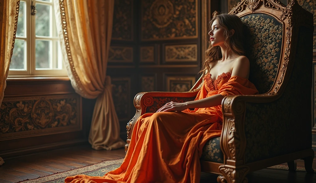 a medieval woman with a seductive look at the camera sitting down on a chair with the legs open and inviting to see a hairy vagina, large breasts and thick legs. sunny background