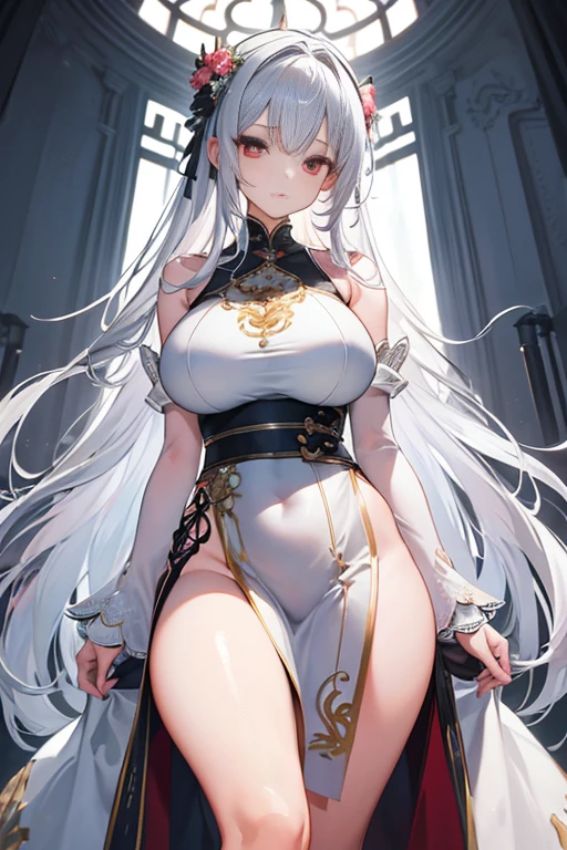 Full body, beautiful eyes, blush, cute face, (1 cute woman, solo: 1.1), gigantic breasts, long white hair, white dress, white elbow gloves, white high heel boots, naked shoulders