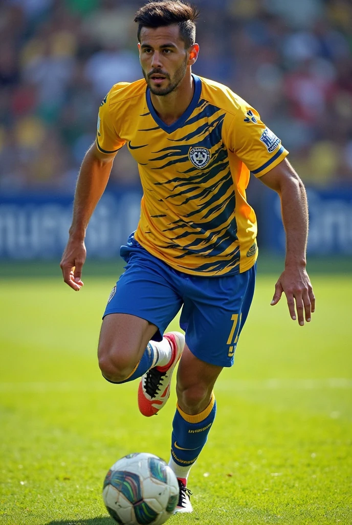A realistic image of a Brazilian soccer player wearing a blue uniform with the number 6 stuck to his body due to sweat, He's sweaty