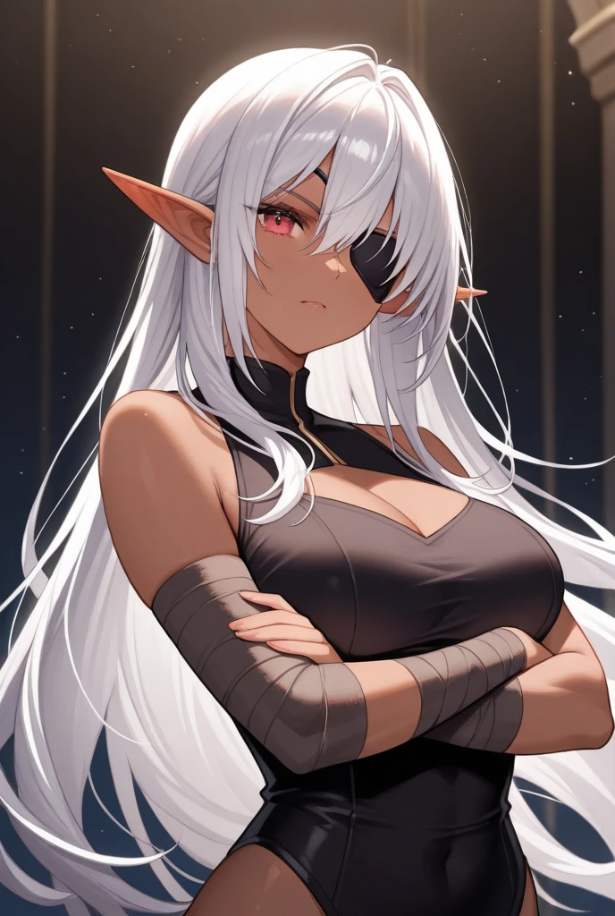 ((masterpiece,best quality anime,Highest quality:1.3)),realistic,cowboy shot,(Mature Beauty),1 Dark Elf woman、solo,((very small head:1.4)),ideal ratio body proportions,(tan skin,elf ear),Silver Hair,bangs,straight long hair,gorgeous big eyes,brown eyes,Sharp Eyes,(Assassin Outfit、Black tube top shirt,Black micro shorts、black_thighhighs、Holding a big knife,Black cloak,Black Leather Boots),((slender body,skinny,toned body)),medium breasts,naked,gleaming skin,shiny skin,Crouching posture,On a thick branch、Large tree、forest、Many trees、at night、moonlight、Fantasy World、