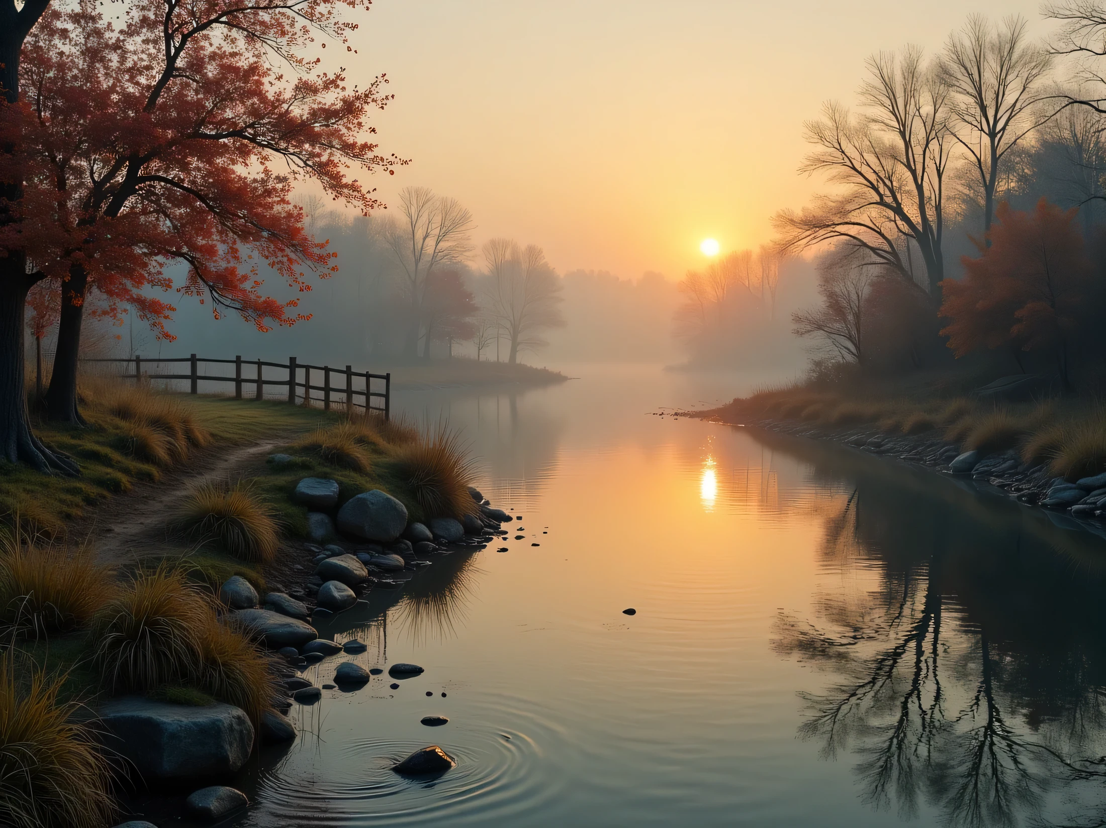 The dawn is a milky haze over the mirrored river, where the rosehip, like a shy lover, touches the water with its scarlet fruit.... The pheasant, like a guardian of this silence, withers in the gilding of the first rays, and the old wooden railings still retain the warmth of summer touches. Time flows slower here, and every breath is filled with the quiet magic of the morning - as pure as the first thought of you