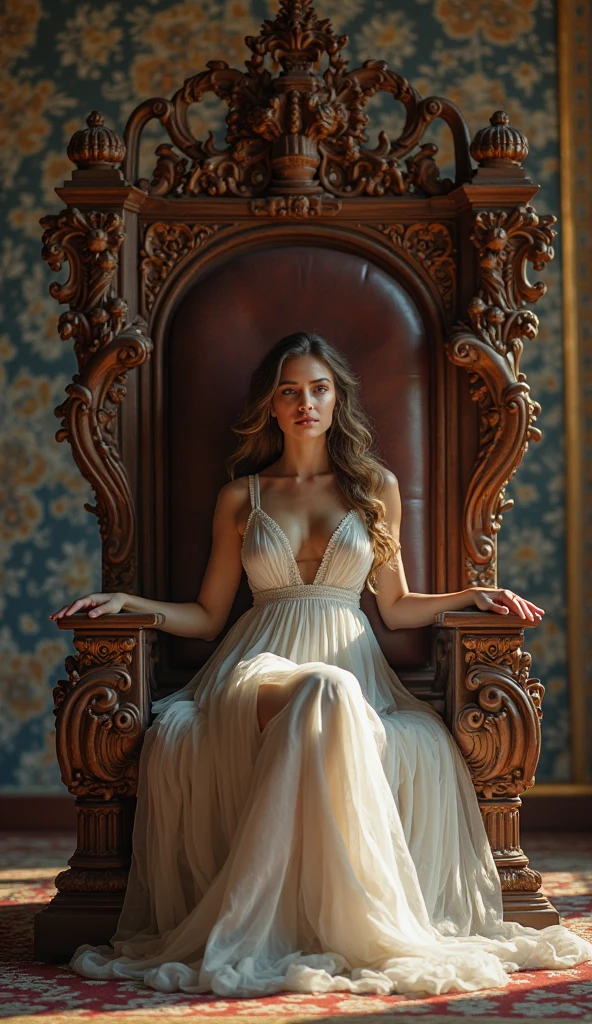 girl sitting on the throne, BREAK, 1girl, vibrant color retro futuristic industrial theme, intricate details throne, powerful, royal majestic fit white dress, crown, cleavage, fit white pants, royal statement jewelries, royal majestic elegant interior of castle, (Masterpiece, Best Quality, Highres:1.4), super details, 4k, color splashes, art, fibonacci,