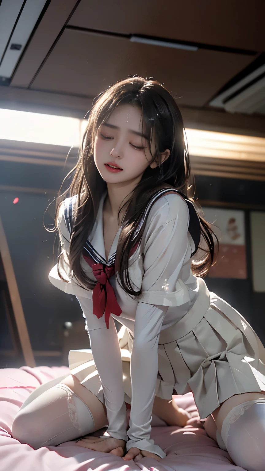 Black Hair, (Long Hair), Gray eyes, (Glowing Eyes), (White thighs: 1.2), Orgasm Face, lure, , Captivating look, Charm, red noodles, shy, Sick of it, Sick of it, (Mediate), Poor play, Watching someone, ah、Hello face, comfortable, shout, Open your mouth, Drooling, Sexual convulsions, White skin, red, Rose-colored face, Sweat, Wet body, color, alone, Falling to the ground and crying , Duck sitting, Frustration, loneliness, caress, Sexual pleasure, Enduring joy, Elk Off, Charming expression, (Detailed description of Falling to the ground and crying school uniform), (Duck sitting Detailed description front), Detailed description, bust (masterpiece), (close), (highest quality), Very detailed, Exquisite, beautiful, (close), (close), ( beautiful girl), (collar, collar), (Fine pink areola nails: , (Delicate depiction of skin), (voluminous skin: 1.4), Highest quality CG 8K wallpapers, Realistic, Master Level, masterpiece, Portraiture, center, Display Lens, Beautiful Chinese-Korean mixed race idols, (Very detailed depiction of the face and facial details), (red noodles), Lip biting makeup, Cute smile, Perfect Face, red eyes, Blind Band + Hair above one eye, (Ruby Nail). Fat_ Mons, Camel Toe,