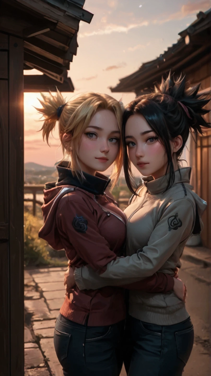 A boy Shikamaru Nara and a girl Temari from the anime Naruto taking a selfie at a sunset,  hugged, clima romantico,  realismo ultra 4k, rostos detalhado(Shimamaru Nara) (Temari), fotorrealista, extremely beautiful eyes, detail tweaker, extremely detailed eyes, intensificadores, 8k body quality, body quality 8k, Face quality 8k .